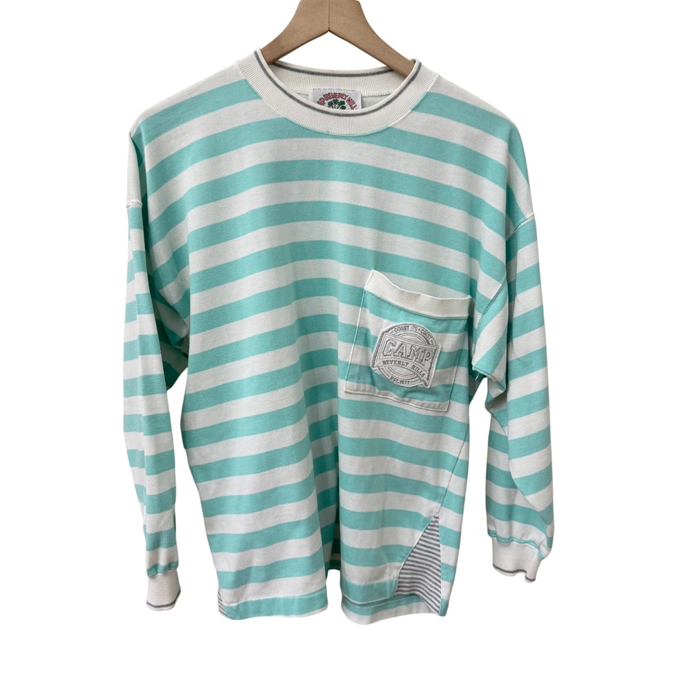 Camp Beverly Hills Long Sleeve Shirt One Size Mint Green Striped Pocket Vintage